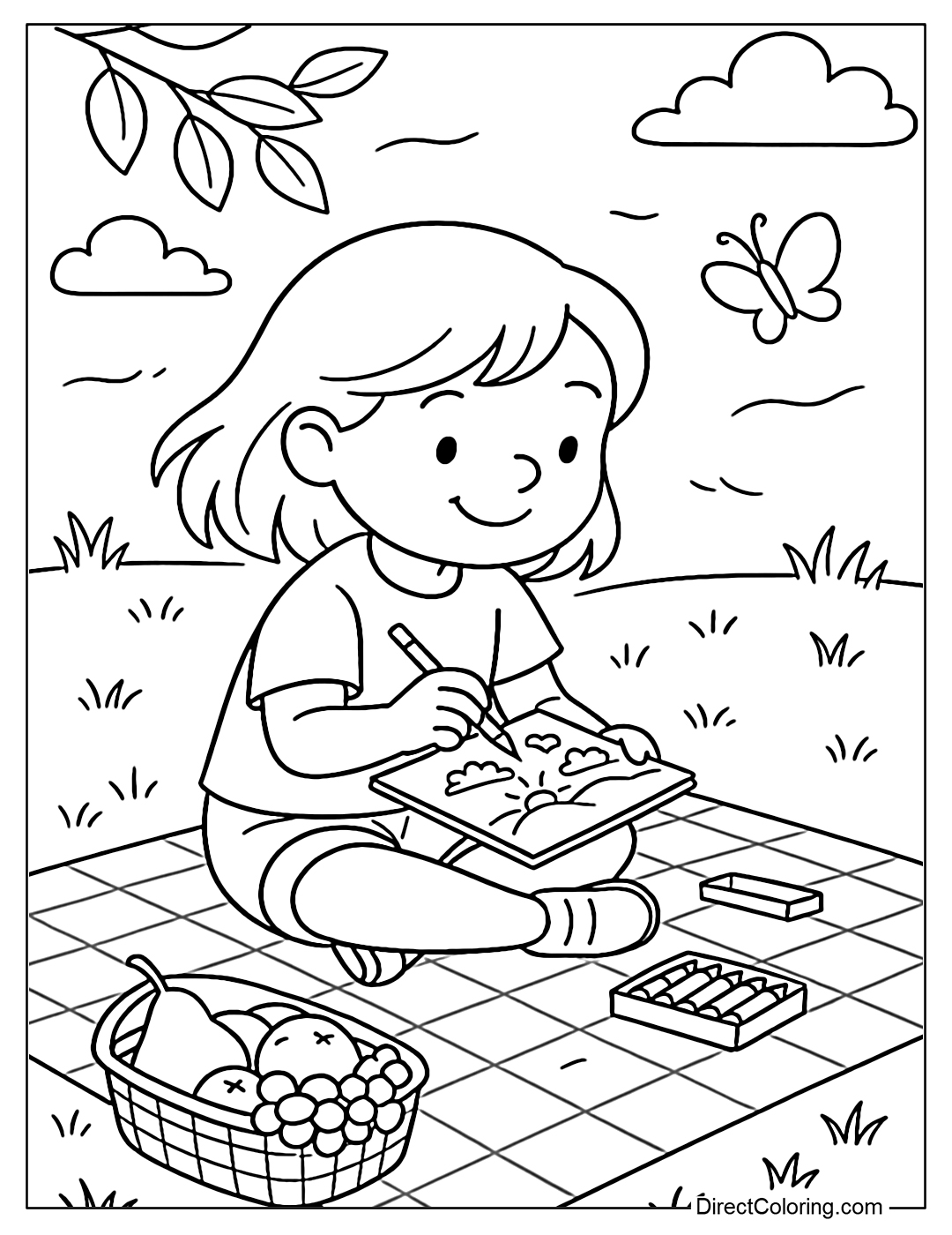 Coloring page of a child sitting and drawing on a picnic mat, with a box of colors and a gentle breeze.